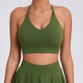 Olive green yoga sports bra and matching skirt set with adjustable straps and V-neckline - Army Green