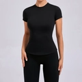 Slim fit black short sleeve sports t-shirt for women in high elastic athletic fabric - S / Black