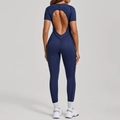 Tuta da yoga blu navy con schiena scoperta, maniche corte e strisce laterali sportive - S / Blu navy