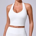 Haut de sport blanc à licou en tissu mat hautement élastique pour le yoga et la course - Blanc Polaire