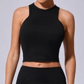 Top corto nero aderente da donna, canotta sportiva a collo alto per yoga e fitness - Nero Premium