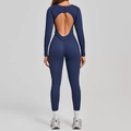 Dark blue long sleeve backless yoga bodysuit with athletic cutout design for women - S / Navy Blue