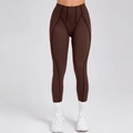 Chocolate brown high waisted yoga leggings with decorative seams and brushed texture - S / Coffee