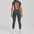 Combinaison de sport gris foncé à manches courtes et dos nu pour yoga et fitness - Gris Anthracite