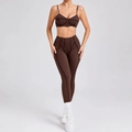 Women's chocolate brown two-piece yoga set with ribbed stitching and high waist leggings - S / Coffee