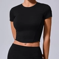 Dames strak zwart yoga setje met korte mouwen crop top en hoge taille leggings - S / Premium Zwart