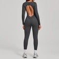 Dark grey backless long sleeve sports bodysuit with cutout detail and stretch fit - S / Charcoal Gray