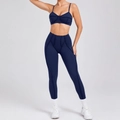 Navy blue two-piece yoga set with sports bra and high-waisted leggings with exposed seams - S / Navy Blue