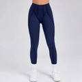 Slim-fit dark blue high-waisted yoga leggings with geometric stitching and 7/8 length cut - S / Navy Blue