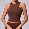Coffee brown high neck racerback sports crop top in stretchy seamless fabric - S / Coffee