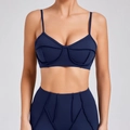 Navy blue women's athletic yoga set featuring strappy sports bra and high-waisted leggings - Navy Blue
