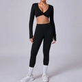 Top corto negro de manga larga con cuello en V y mallas de yoga de talle alto - Negro