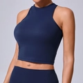 Slim fit dark blue high neck crop top and high waist leggings yoga set for women - S / Navy Blue