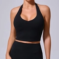 Reggiseno sportivo nero allacciato al collo per yoga, top corto sportivo traspirante - S / Nero Premium
