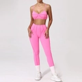 Roze yoga set met sportbeha en legging met hoge taille en decoratieve naden - S / Roze
