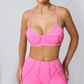 Neon pink high-waisted yoga leggings and strappy sports bra set with 3D stitching - Pink