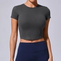 Slim fit charcoal grey short sleeve crop top for yoga and fitness training for women - Charcoal Gray