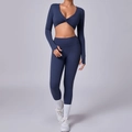 Set da yoga blu scuro con top incrociato a maniche lunghe e leggings a vita alta - S / Blu navy