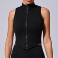 Women's black zip-up sports vest with high collar and slimming pointed hem for yoga - S / Premium Black