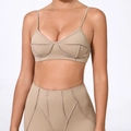 Women's khaki sports bra and high-waist leggings set with slim straps and v-neck - Clay Brown