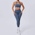 Completo yoga blu-grigio con reggiseno sportivo a intaglio e leggings a vita alta - S / Blu codice
