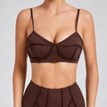 Women's dark brown sports set featuring strappy sports bra and high-waisted leggings - Coffee