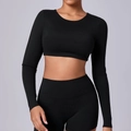 Women's black two-piece yoga set with long sleeve crop top and high waist shorts - Black