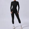 Schwarzer Langarm-Yoga-Bodysuit für Damen mit halbem Reißverschluss und Daumenlöchern - S / Schwarz