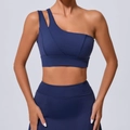 Navy blue one-shoulder sports bra with unique double-strap cutout design for fitness - S / Navy Blue