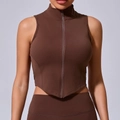 Women's dark brown sleeveless sports vest with high collar and front zipper - S / Coffee