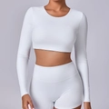White long-sleeved cropped workout top and high-waisted fitness shorts set for women - S / White