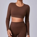 Brown long sleeve crop top and high waist shorts two-piece yoga set for women - S / Coffee