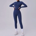 Eng anliegender marineblauer Langarm-Yoga-Bodysuit mit Reißverschluss und Stretch - S / Marineblau