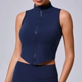 Women's slim fit dark blue sleeveless yoga vest with high collar and front zipper - S / Navy Blue