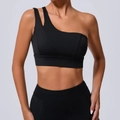 Black one-shoulder sports bra with asymmetric cutout straps and wide supportive band - S / Black