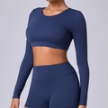 Navy blue long sleeve yoga set with cropped top and high waist shorts for workout - S / Navy Blue