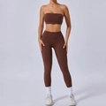 Women's two-piece dark brown yoga set with high waist leggings and sports bra - M / Coffee
