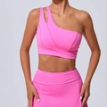 Neon pink one-shoulder sports bra and high-waisted mini skirt two-piece fitness set - S / Pink