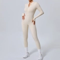 Body de yoga ajusté crème à manches longues avec demi-fermeture éclair et passe-pouces - Beige