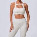 Completo yoga avorio con reggiseno sportivo traforato e leggings a vita alta per fitness - S / Avorio