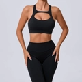 Ensemble de sport noir pour femme avec brassière évidée et legging de yoga taille haute - S / Noir