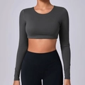 Women's tight dark gray cropped long sleeve workout top and black fitness leggings - Charcoal Gray