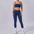 Dark blue two-piece yoga set with removable straps bra and high waist leggings - S / Navy Blue