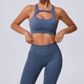 Brassière de sport à évidement avant avec legging taille haute assorti bleu brume - S / Bleu code