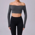 Women's dark gray off-shoulder long sleeve yoga crop top in tight athletic fabric - Charcoal Gray