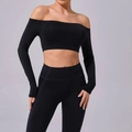 Completo yoga nero con maglia a maniche lunghe scollata e leggings sportivi attillati - XS / Nero