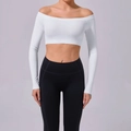 Top da yoga bianco con spalle scoperte a maniche lunghe e design corto aderente - XS / Bianco