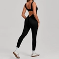 Black backless sports jumpsuit with scrunch butt detail for yoga and fitness training - Black