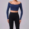 Top da yoga blu scuro a spalle scoperte e leggings neri a vita alta coordinati - S / Blu navy