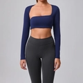 Damen Yoga-Langarmshirt in Dunkelblau mit asymmetrischem Schulterausschnitt und hoher Taille - S / Marineblau
